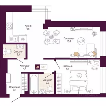 2-к кв. Нижегородская область, Нижний Новгород ул. Тургенева (51.7 м)
