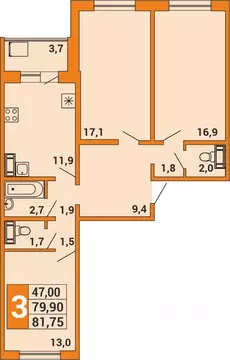 3-к кв. Башкортостан, Уфа ул. Орджоникидзе, 34 (81.2 м)