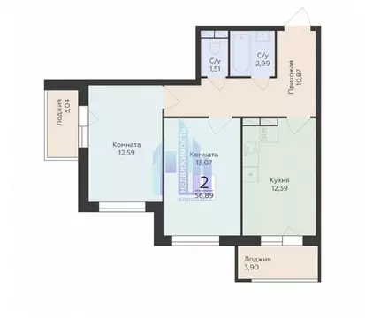 2-комнатная квартира: Воронеж, улица Ломоносова, 114Ю (56.89 м)