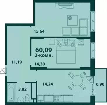 2-к кв. Ульяновская область, Ульяновск ул. Аблукова, 24 (60.09 м)