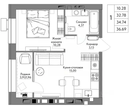 1-к кв. Калужская область, Калуга Жилыеы Острова кв-л,  (36.69 м)