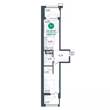 1-комнатная квартира: Тюмень, улица Тимофея Кармацкого, 17 (43.48 м)