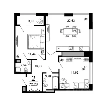 2-к кв. Рязанская область, Рязань ул. 1-я Железнодорожная (72.23 м)