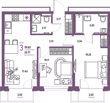 3-к кв. Тюменская область, Тюмень ул. Мельникайте, 42к1 (59.76 м)