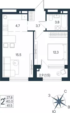 Студия Пермский край, Пермь ул. Космонавта Беляева, 17 (41.5 м)