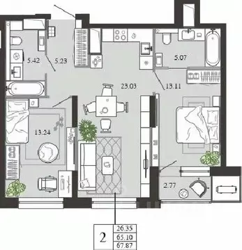 2-к кв. Тульская область, Тула ул. Фридриха Энгельса, 74 (67.87 м)