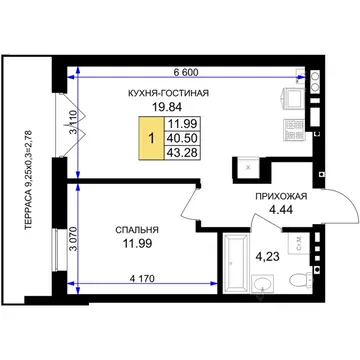 1-к кв. Калининградская область, Гурьевск Включи жилой комплекс (43.28 ...
