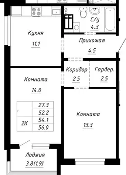 2-к кв. Алтайский край, Барнаул ул. Им. Анатолия Мельникова, 1 (54.1 ...
