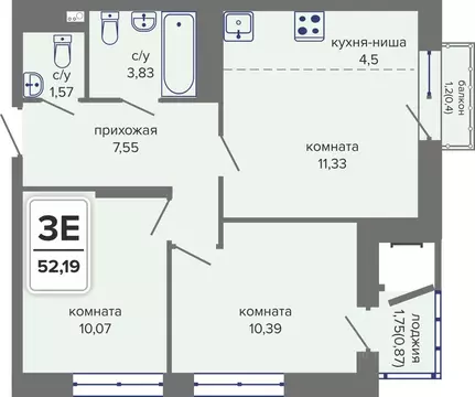 3-к кв. Пермский край, Пермь Гайва мкр,  (52.19 м)