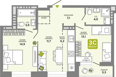 3-комнатная квартира: Новосибирск, улица Костычева, 17 (60.8 м)