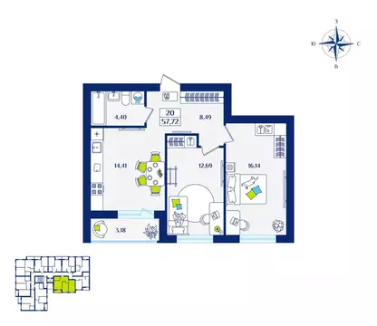 2-к кв. Калининградская область, Зеленоградск  (57.72 м)
