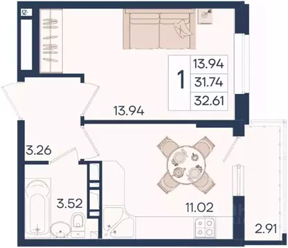 1-к кв. Краснодарский край, Краснодар  (32.61 м)
