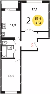 2-комнатная квартира: Москва, улица Усиевича, 29к2 (56 м)