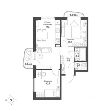 2-к кв. Свердловская область, Екатеринбург Солнечный жилрайон,  (52.7 ...