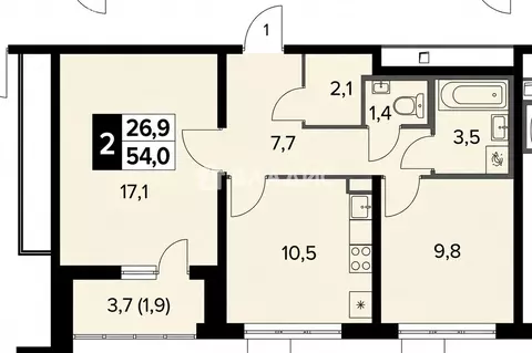 2-комнатная квартира: деревня Сапроново, Донская улица, 7 (54 м)