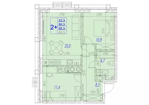 2-к кв. Астраханская область, Астрахань ул. Трофимова (55.3 м)