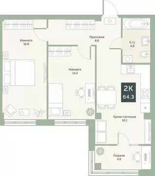 2-к кв. Курганская область, Курган Заозерный жилрайон, 6А мкр, ул. ...