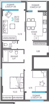3-к кв. Крым, Алушта На Фонтанке жилой комплекс (74.65 м)