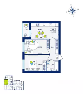 2-к кв. Калининградская область, Зеленоградск  (51.59 м)