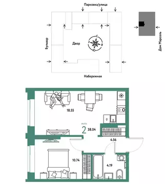 2-к кв. Тюменская область, Тюмень Береговая ул., 100к2 (38.04 м)