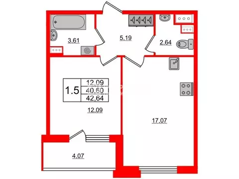 1-комнатная квартира: Санкт-Петербург, Светлановский проспект, 14к1 ...