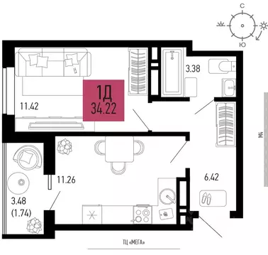 1-к кв. Ростовская область, Аксай  (34.22 м)