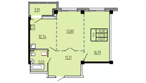 2-к кв. Омская область, Омск Волгоградская ул., с3 (61.69 м)