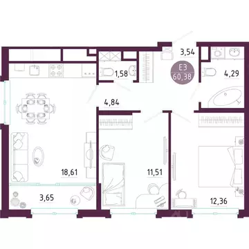 2-к кв. Тульская область, Тула ул. Купцов Гречихиных (60.38 м)