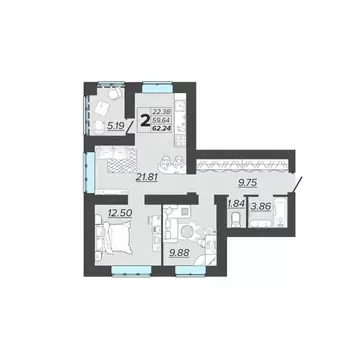 2-к кв. Брянская область, Брянск Архитектор жилой комплекс (62.24 м)