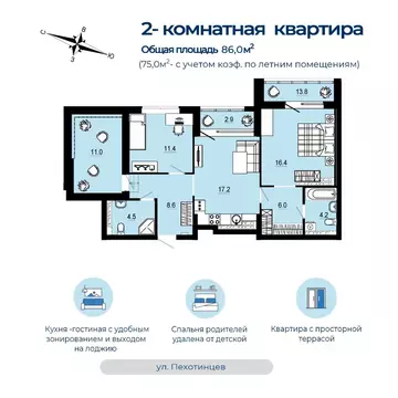 2-к кв. Свердловская область, Екатеринбург ул. Пехотинцев, 2Ак1 (75.0 ...