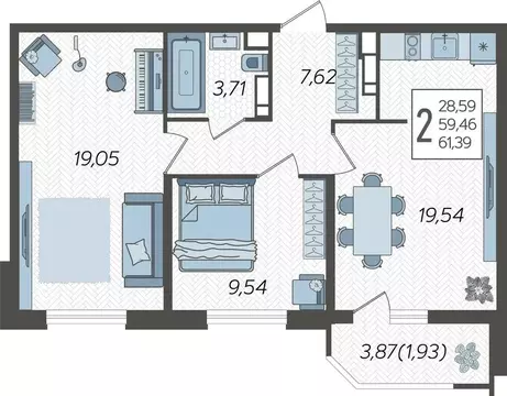 2-к кв. Краснодарский край, Краснодар Уральская ул., 87/7 (62.55 м)