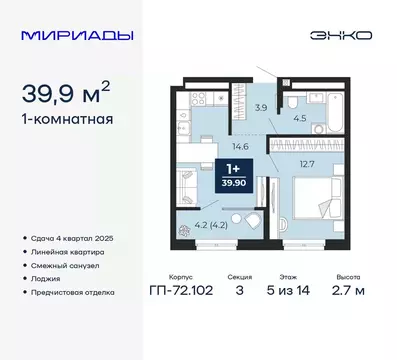 1-к кв. Тюменская область, Тюмень Мириады жилой комплекс (39.9 м)