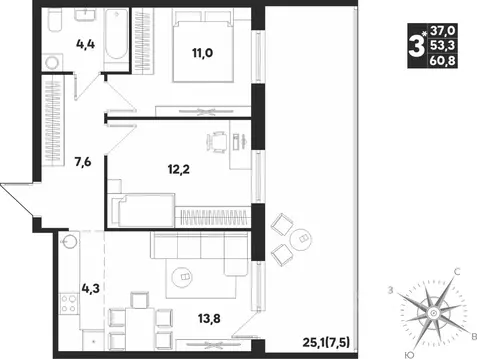 Студия Пермский край, д. Кондратово ул. Парфенова, 5 (60.8 м)