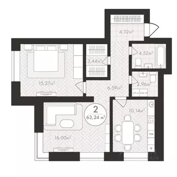 2-к кв. Башкортостан, Уфа Южный-2 мкр,  (63.24 м)