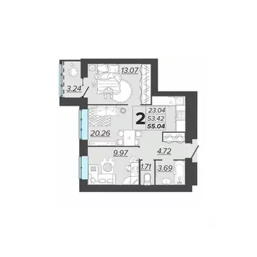 2-к кв. Брянская область, Брянск Архитектор жилой комплекс (55.04 м)