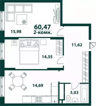 2-к кв. Ульяновская область, Ульяновск 19-й мкр, Аквамарин-2 жилой ...