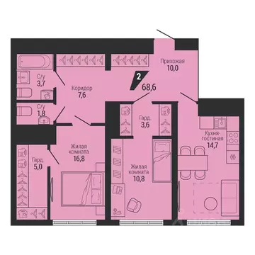 2-к кв. Свердловская область, Екатеринбург Вторчермет жилрайон,  (68.6 ...