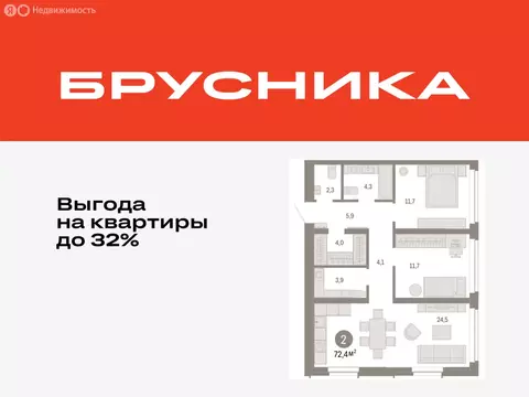 2-комнатная квартира: Тюмень, жилой комплекс Республики 205 (72.39 м)