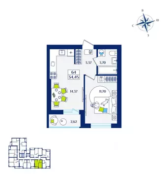 1-к кв. Калининградская область, Зеленоградск  (34.45 м)