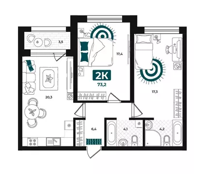 2-комнатная квартира: Тюмень, улица Евгения Войнова, 8 (73.2 м)