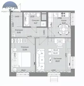 2-к кв. Татарстан, Казань Сказочный лес жилой комплекс, 4.1 (50.67 м)