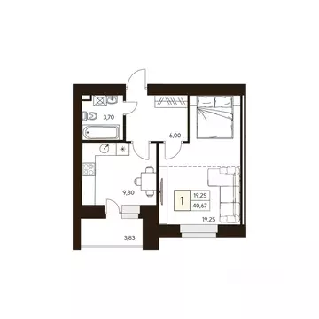 1-к кв. Башкортостан, Уфа ул. Жуковского, 19А (40.67 м)