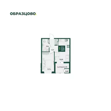 1-комнатная квартира: Краснодар, микрорайон Образцово (38.97 м)