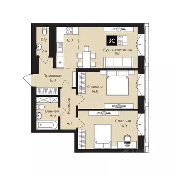 2-к кв. Башкортостан, Уфа ул. Ленина, 192 (69.7 м)