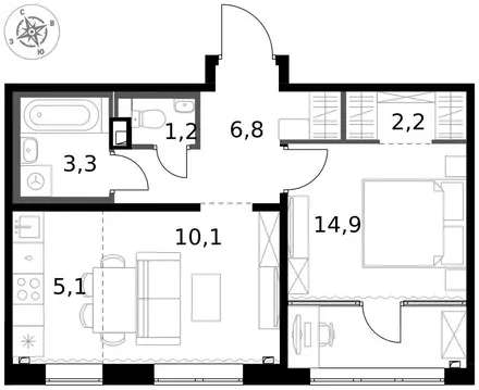 Квартира, 2 комнаты, 43.6 м