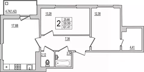 2-к кв. Псковская область, Псков Рижский просп., 94Г (61.41 м)