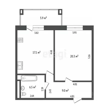 1-к кв. Тюменская область, Тюмень ул. Казачьи луга, 1 (52.2 м)