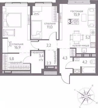 Студия Пермский край, Пермь ул. Серебристая, 3А (72.6 м)
