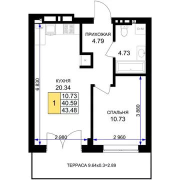 1-к кв. Калининградская область, Гурьевск Включи жилой комплекс (43.48 ...