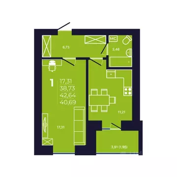 1-к кв. Башкортостан, Уфа ул. Михаила Зайцева, 6 (40.8 м)